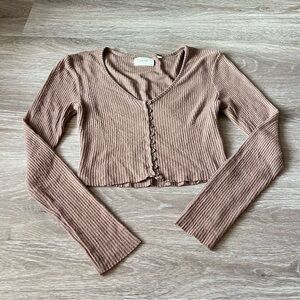 Joah Brown Ribbed brown Button-Up Crop Top